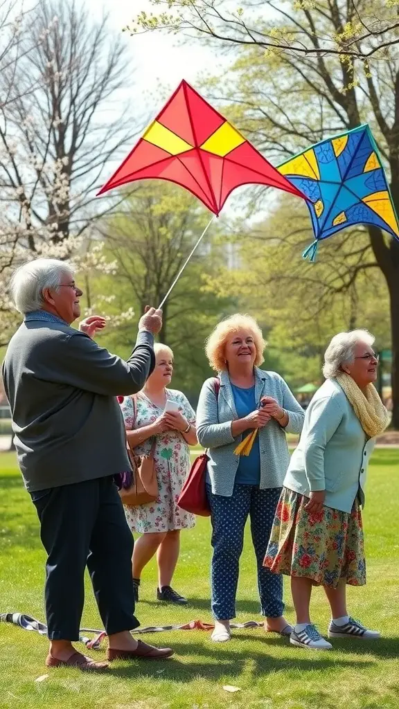 Seniors enjoying kite flying outdoors with colorful kites in a park setting