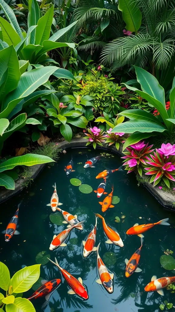 A tranquil koi pond surrounded by lush tropical plants, featuring colorful koi fish swimming in clear water.