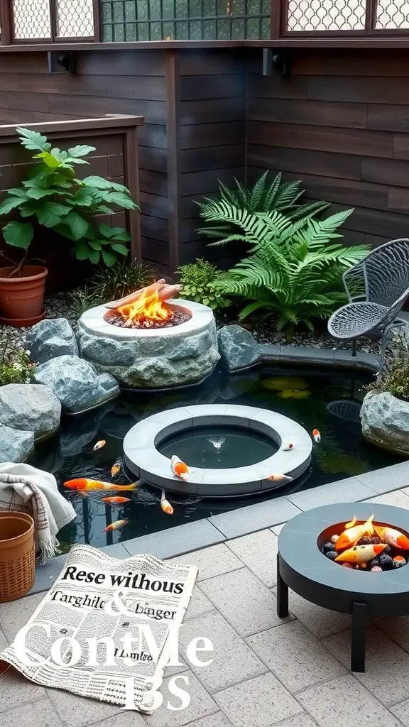 A cozy koi pond setup featuring a fire pit area, surrounded by plants and stones.