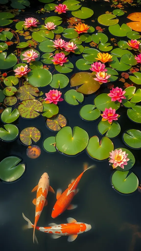 A koi pond featuring colorful koi fish swimming among vibrant water lilies and lily pads.