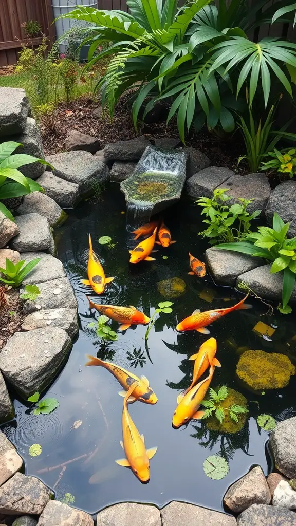 Koi pond with vibrant koi fish and lush plants surrounding it.