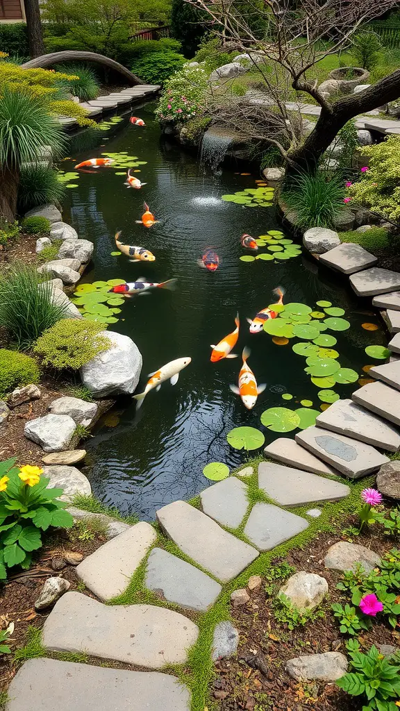 A serene koi pond with colorful fish, surrounded by a stone pathway and lush greenery.