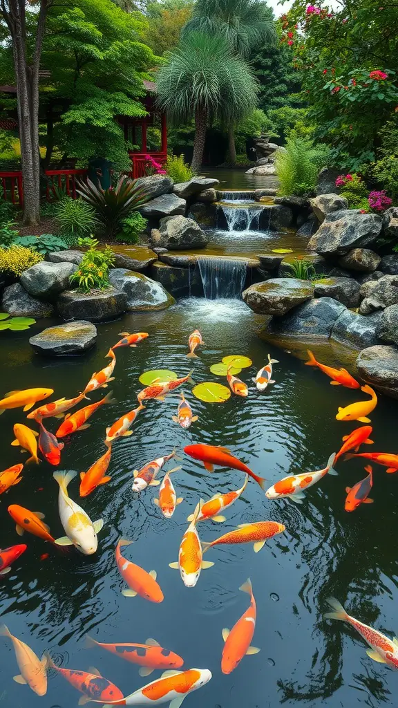 Koi pond with waterfalls surrounded by lush greenery and colorful koi fish swimming.