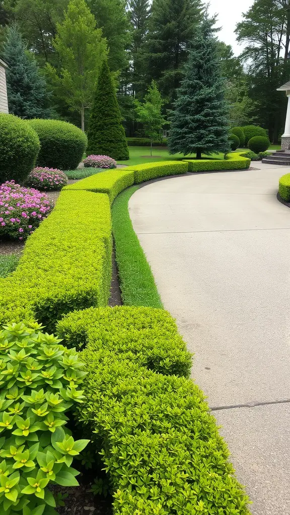 19 Creative Driveway Ideas to Enhance Your Curb Appeal 16 A landscaped driveway border with neatly trimmed hedges, colorful flowers, and trees in the background.