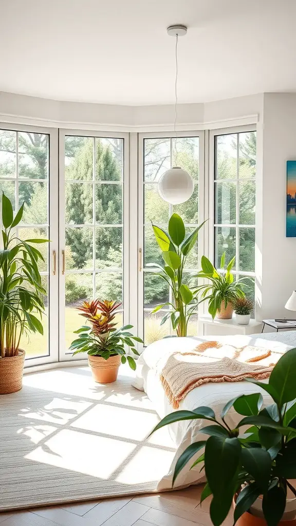 A bright bedroom with large windows filled with natural light and various indoor plants.