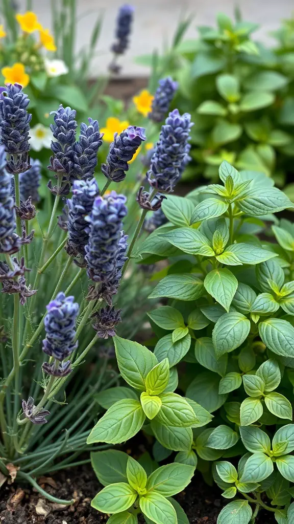 29 Perfect Herb Combinations for Your Garden 6 Lavender and basil growing together with purple flowers and green leaves.