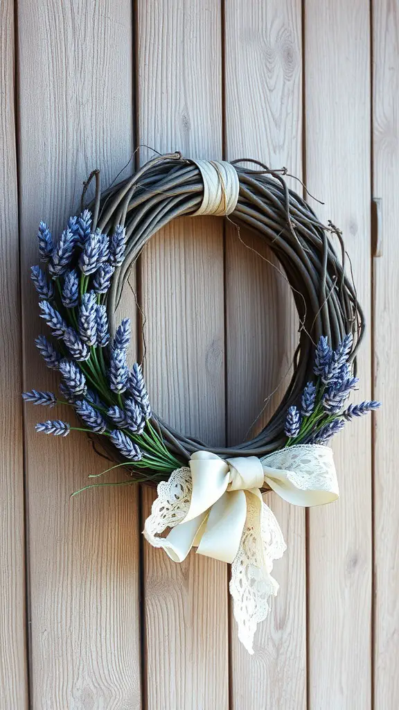 A lavender wreath made from grapevine with lace ribbon