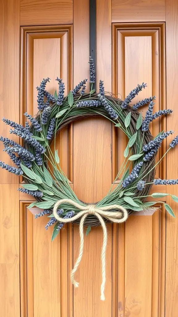 Lavender and sage wreath on a wooden door