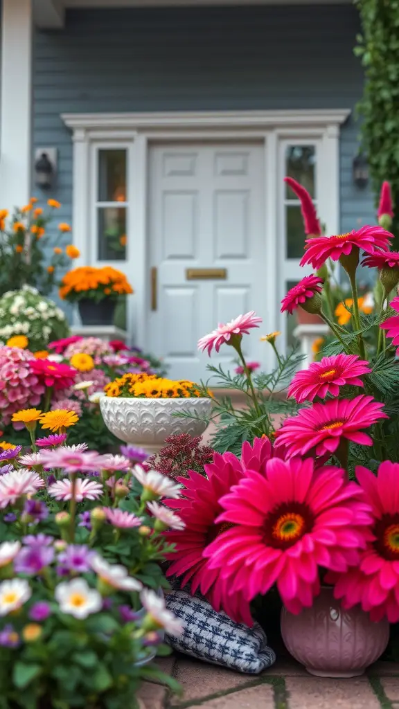 27 Stunning Front Garden Ideas to Transform Your Curb Appeal 26 A colorful front garden with pink and yellow flowers, showcasing a layered color scheme.