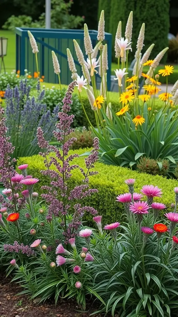 23 Stunning Perennial Garden Ideas to Transform Your Outdoor Space 4 A layered perennial garden with colorful flowers and green foliage, showcasing different plant heights.