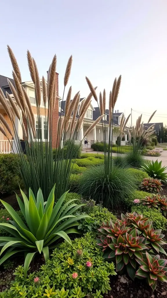 27 Stunning Front Garden Ideas to Transform Your Curb Appeal 24 A front garden featuring layered planting techniques with tall grasses, green plants, and colorful succulents.