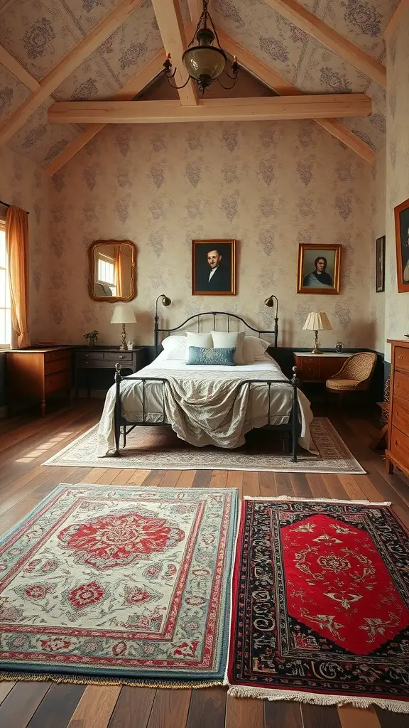 A vintage bedroom with layered rugs on a wooden floor, featuring warm colors and intricate patterns.