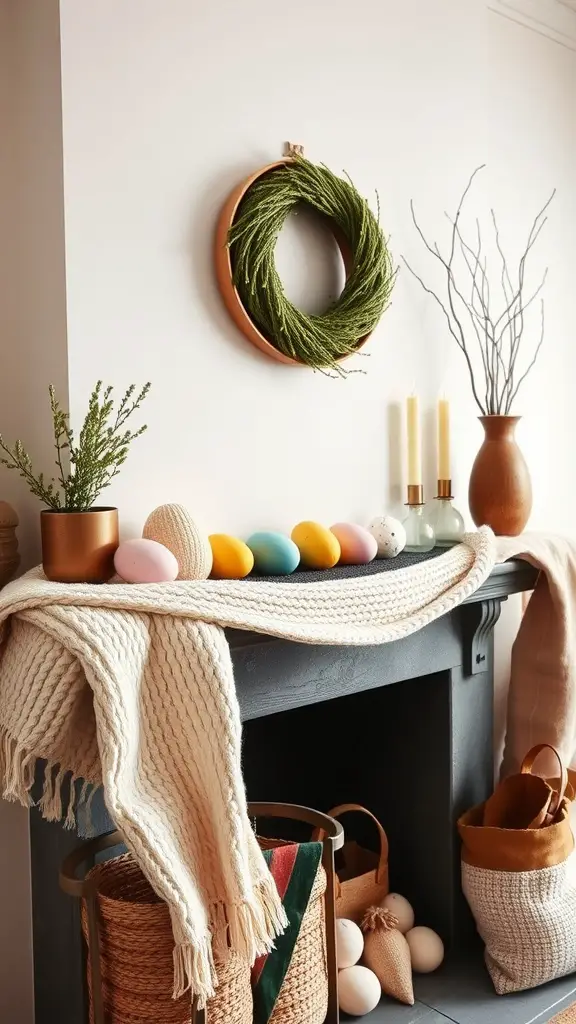 A beautifully styled Easter mantel with layered textiles, colorful Easter eggs, and decorative elements.