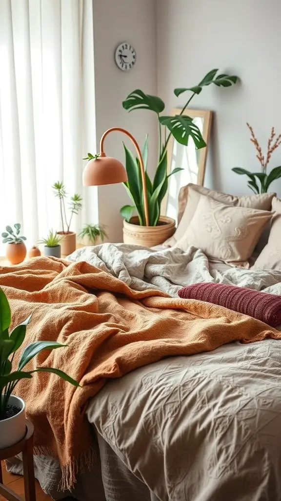 A cozy bedroom with layered textiles and plants, featuring an orange blanket and decorative pillows.