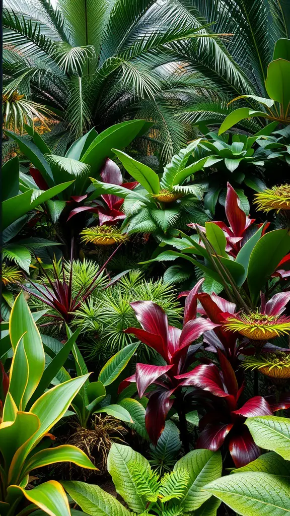 31 Stunning Tropical Garden Design Ideas for Your Backyard 4 Lush tropical garden with layered plants showcasing various textures and colors.