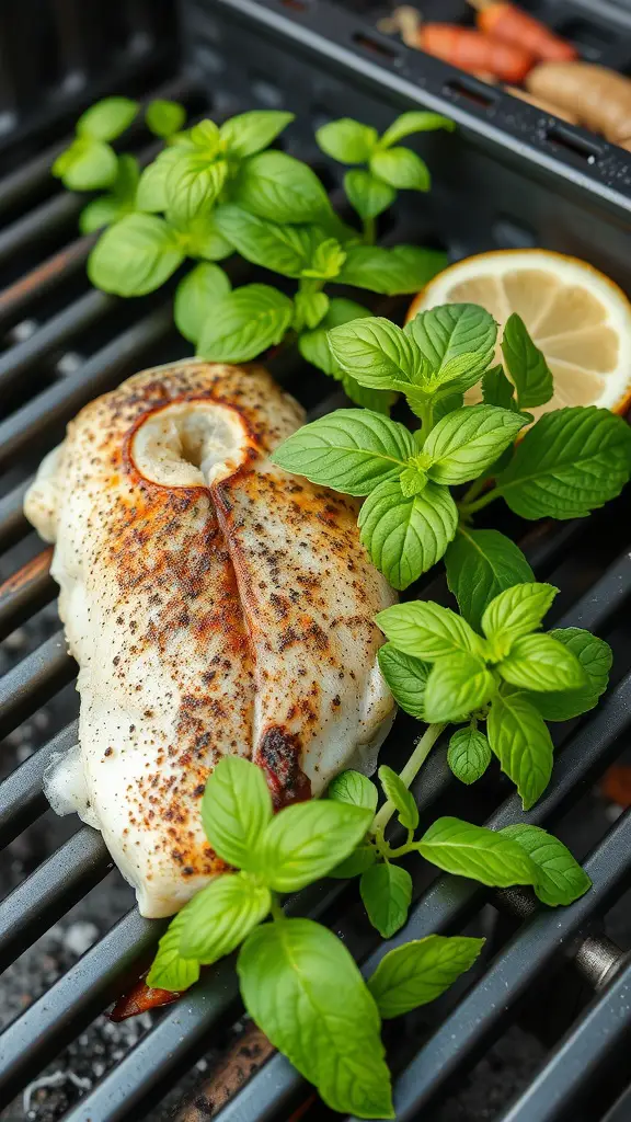 29 Perfect Herb Combinations for Your Garden 12 Grilled fish fillet with lemon balm leaves and lemon slices on a grill.