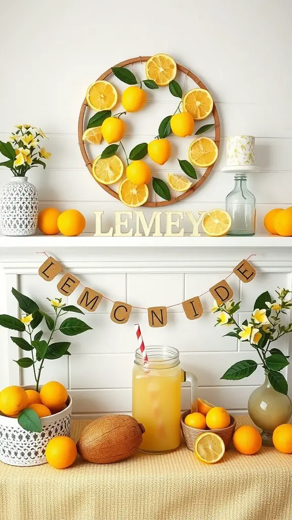 A summer mantel decorated with lemons, oranges, flowers, and a lemonade jar for a cheerful look.