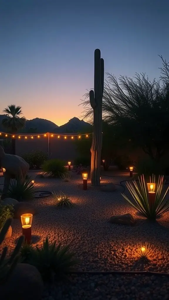 27 Stunning Ideas for Your Desert Garden Oasis 21 A desert garden illuminated with warm lights against the evening sky.