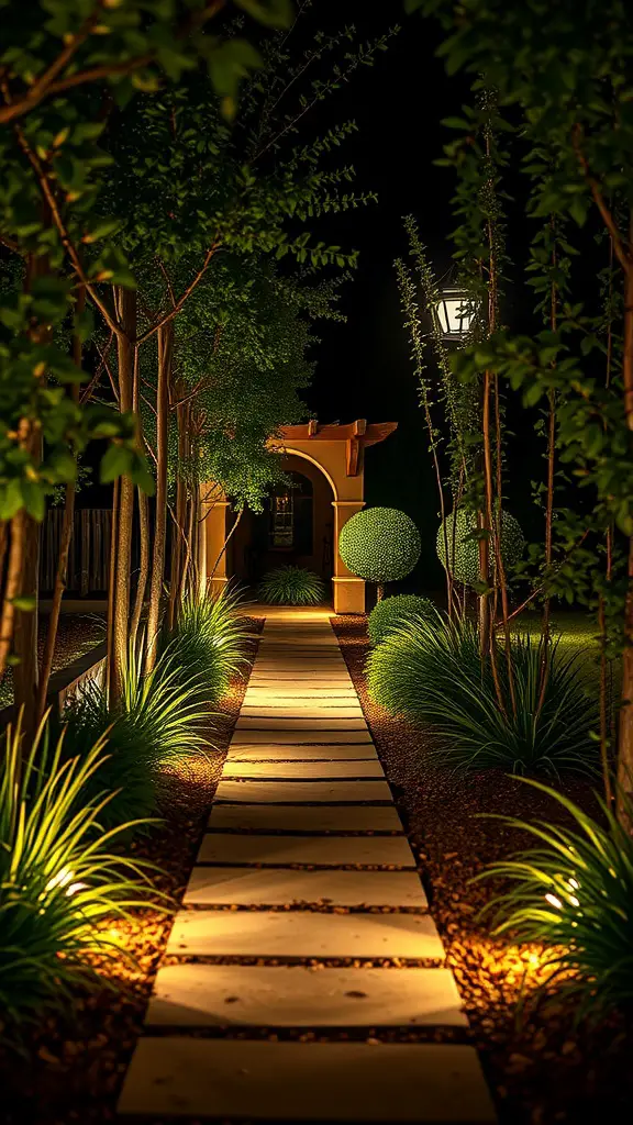 A well-lit pathway surrounded by greenery and decorative plants, illustrating effective outdoor lighting.