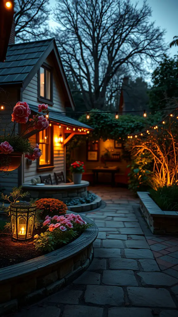 23 Stunning Cottage Garden Design Ideas for a Charming Outdoor Space 14 A beautifully lit cottage garden during the evening with flowers, string lights, and a warm ambiance.