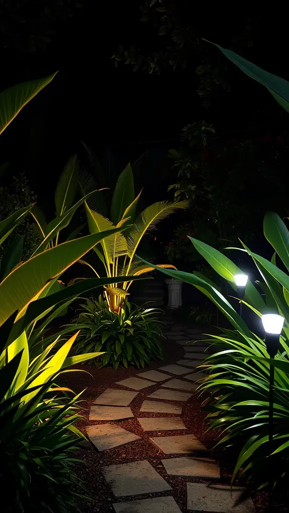 31 Stunning Tropical Garden Design Ideas for Your Backyard 12 A tropical garden pathway illuminated at night with lush green plants and soft lighting