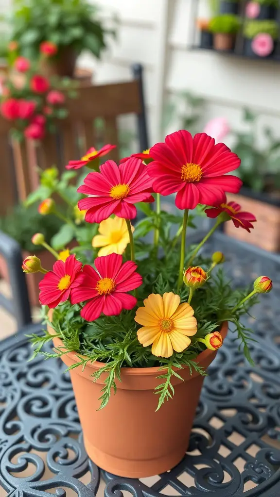 27 Stunning Potted Flowers Perfect for Your Patio 19 A potted cosmos plant featuring bright red and yellow flowers on a patio table.