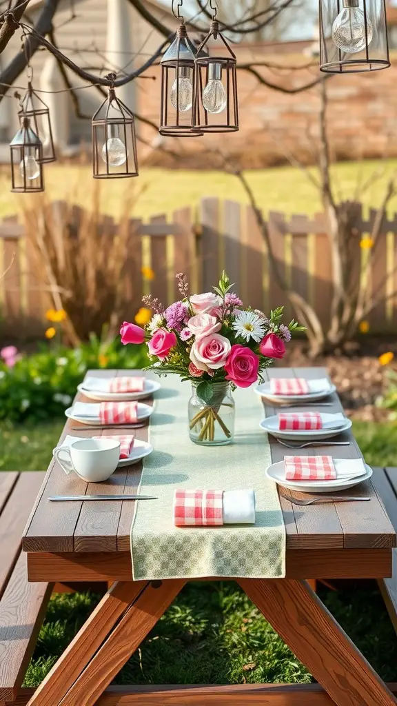 A beautifully set picnic table outdoors with flowers, plates, and hanging lanterns.