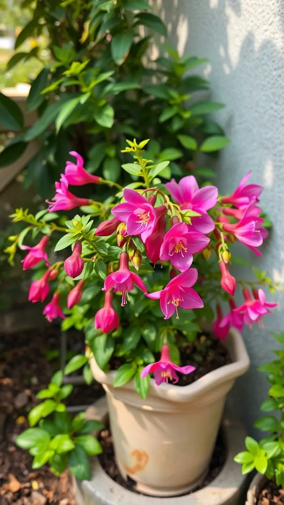 25 Beautiful Flowers Perfect for Container Gardening 21 A vibrant fuchsia plant with pink blooms in a light-colored pot, surrounded by green foliage.