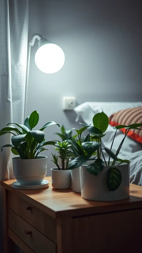 A cozy bedroom scene with various low-light plants on a nightstand, illuminated by a lamp.