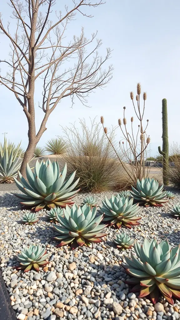 A low-maintenance succulent landscape featuring various succulent plants, pebbles, and dry trees