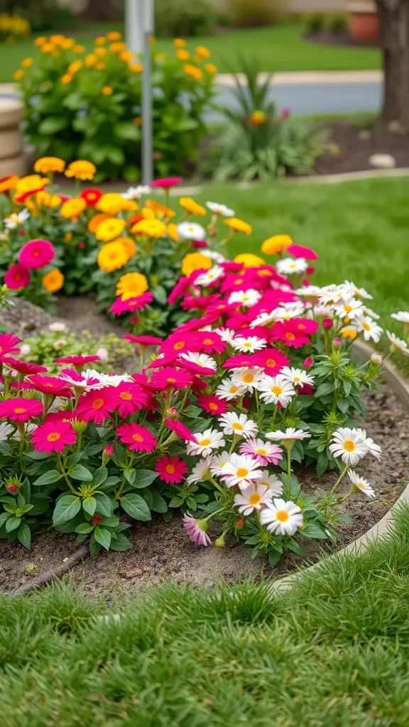 A colorful flowerbed with low-profile edging, showcasing pink, white, and yellow flowers.