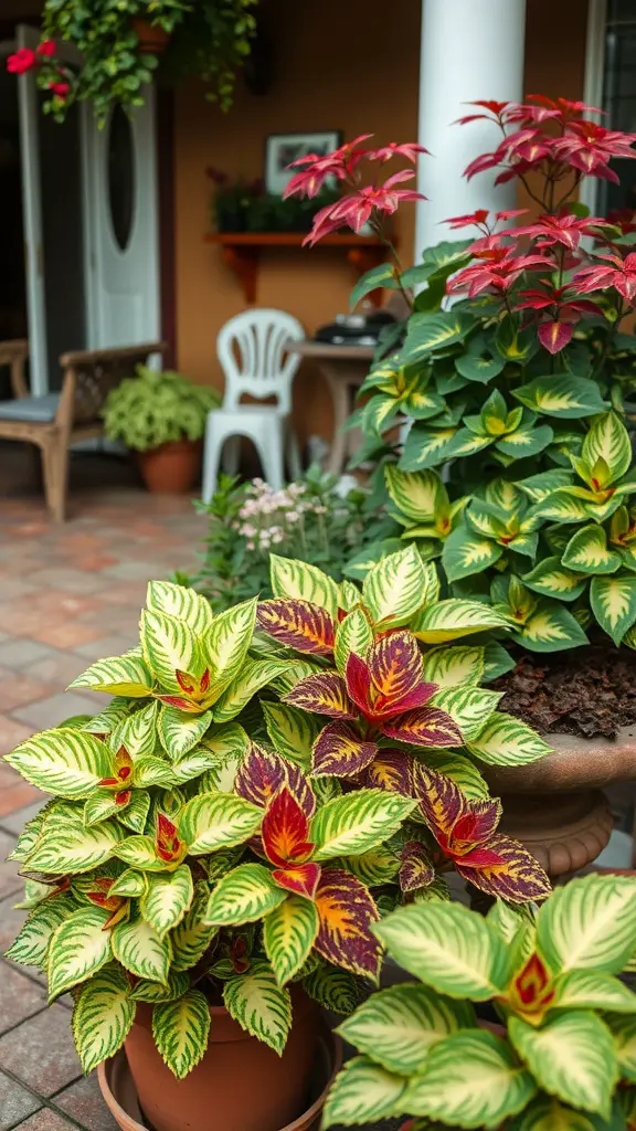 27 Stunning Potted Flowers Perfect for Your Patio 29 A vibrant collection of potted coleus plants with colorful foliage on a patio