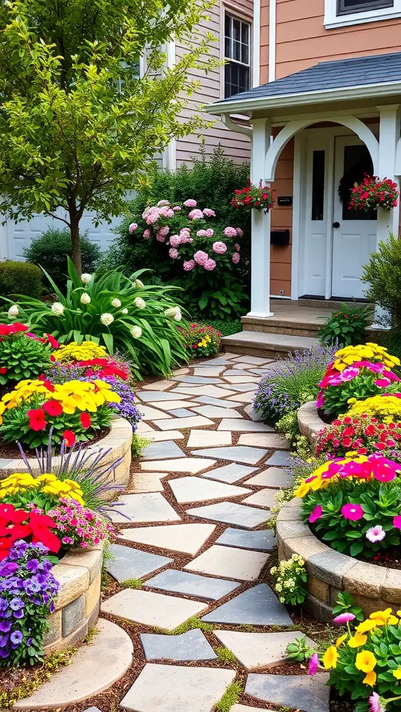 27 Stunning Front Garden Ideas to Transform Your Curb Appeal 7 A beautiful front garden with colorful flower beds and a stone pathway leading to the entrance.