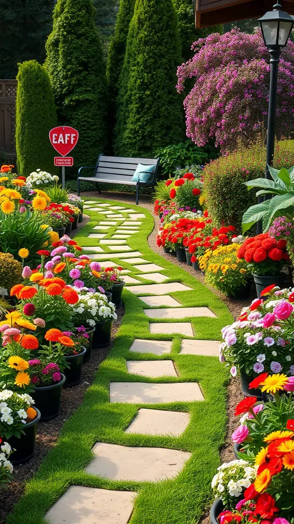 A vibrant garden pathway with colorful flower borders and a bench