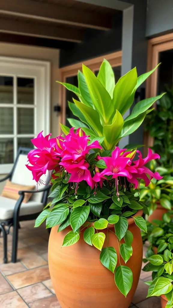 27 Stunning Potted Flowers Perfect for Your Patio 8 A vibrant display of lush fuchsia flowers in a terracotta pot, set against a patio backdrop.