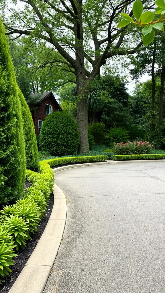 A landscaped driveway with lush green borders and edging, featuring manicured shrubs and trees.