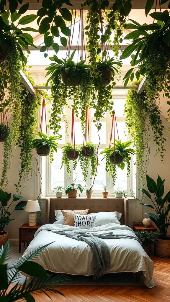 A cozy bedroom with a bed underneath a lush green canopy of hanging plants.