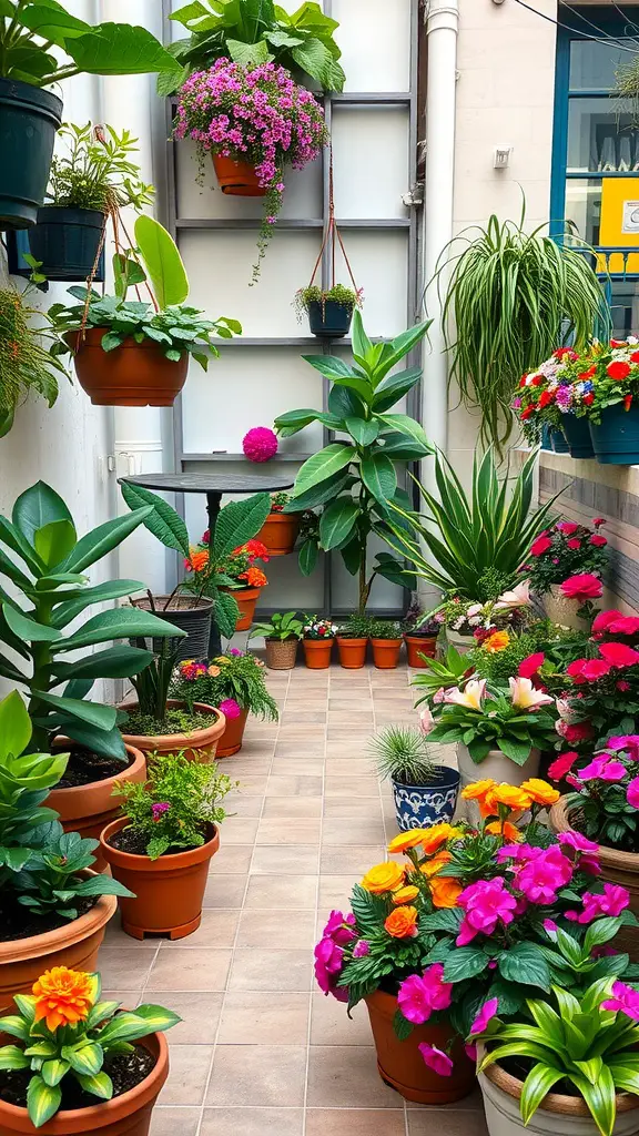25 Stunning Outdoor Terrace Ideas to Transform Your Space 7 A vibrant outdoor terrace filled with potted plants and colorful flowers.