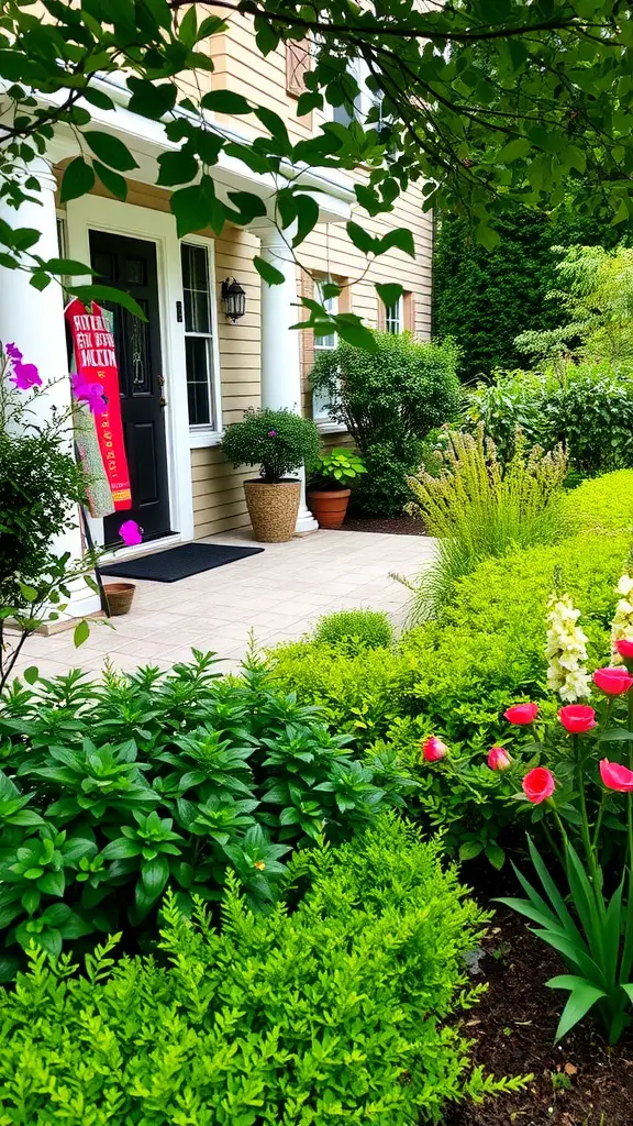 A front patio bordered with lush greenery, showcasing a mix of flowers and shrubs around the entrance.