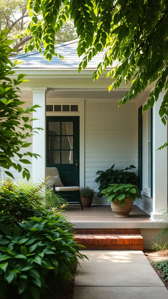 27 Cozy Front Porch Ideas for a Welcoming Home 26 A cozy front porch with lush greenery, potted plants, and a comfortable chair.