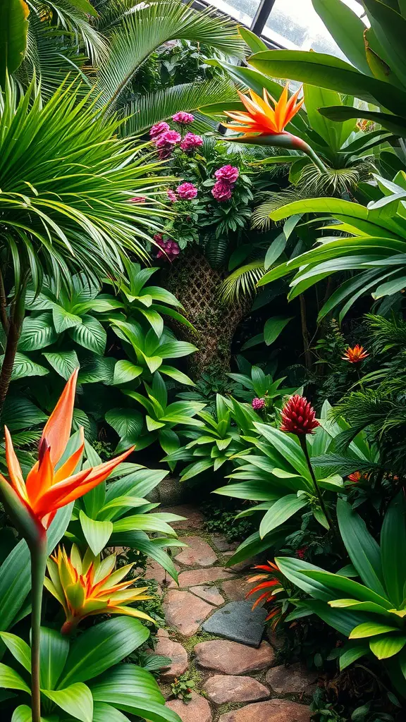 27 Absolutely Stunning Secret Garden Ideas to Inspire Your Space 18 A lush tropical garden pathway lined with vibrant flowers and greenery.