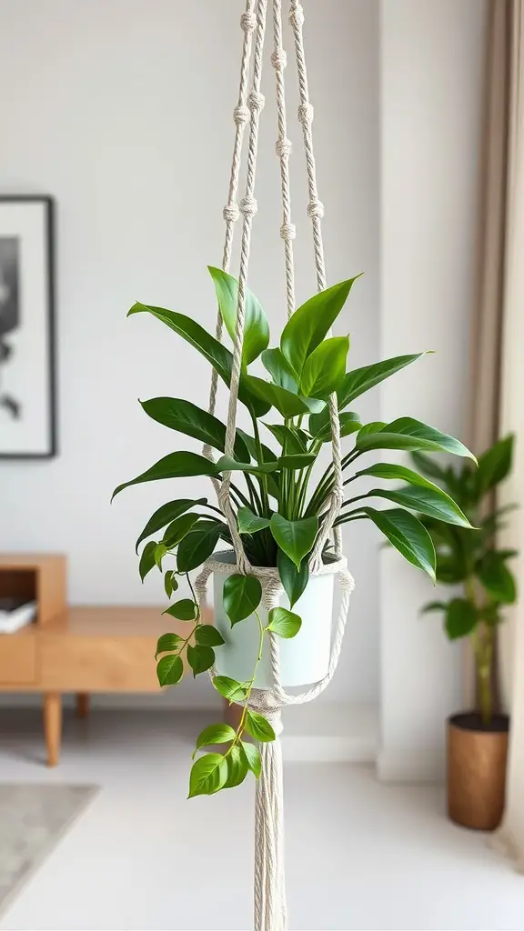 13 Creative Wall Macrame Plant Hanger Ideas for Your Home Decor 11 A macrame plant hanger with a lush green plant, featuring gold accents, hanging in a bright room.
