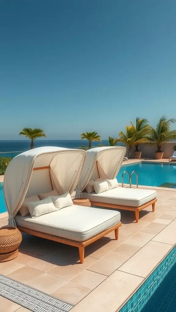 33 Creative Backyard Pool and Patio Ideas for Your Dream Outdoor Space 20 Two luxurious poolside daybeds with canopies next to a swimming pool, surrounded by palm trees and a clear blue sky.