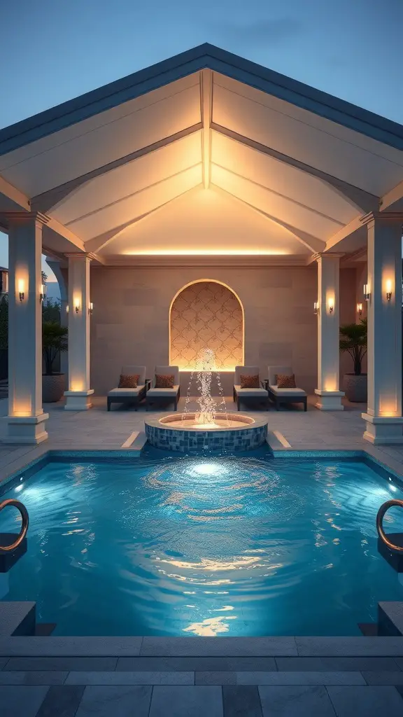 A luxury pool pavilion featuring a serene pool with a water fountain and comfortable loungers, illuminated by soft lighting