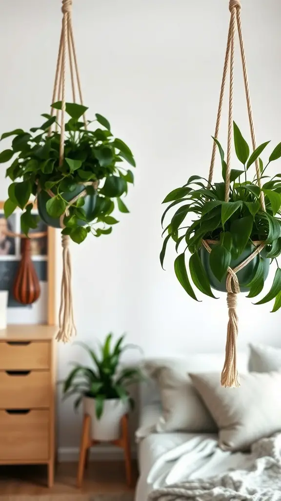 Stylish macramé plant hangers with lush green plants in a modern bedroom setting.