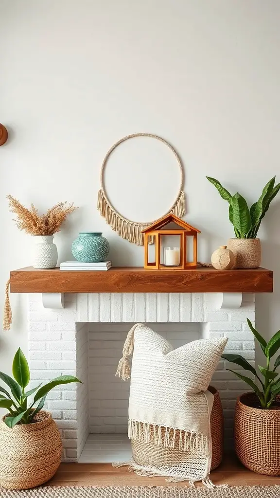 A summer mantel decorated with macrame and natural textures, featuring a wooden mantel, white brick, plants, and woven baskets.