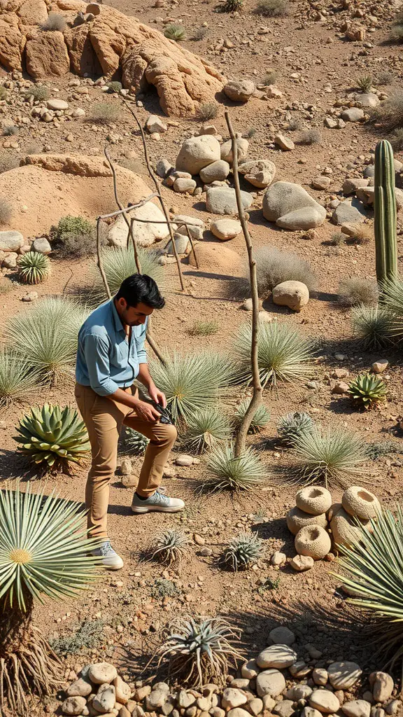 27 Stunning Ideas for Your Desert Garden Oasis 24 A person tending to a desert garden filled with succulents and cacti among sandy soil and rocks.