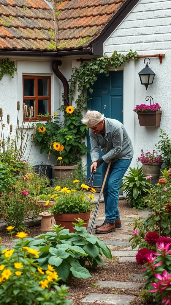 23 Stunning Cottage Garden Design Ideas for a Charming Outdoor Space 21 A person gardening in a colorful cottage garden with blooming flowers and plants.