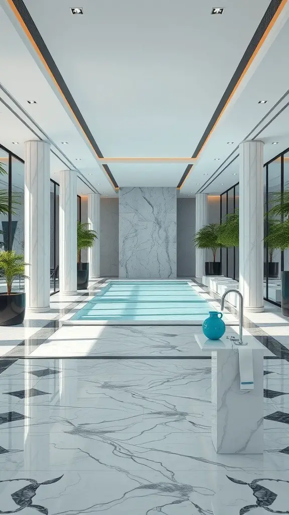 A luxurious pool pavilion featuring marble flooring, glass walls, and indoor greenery.