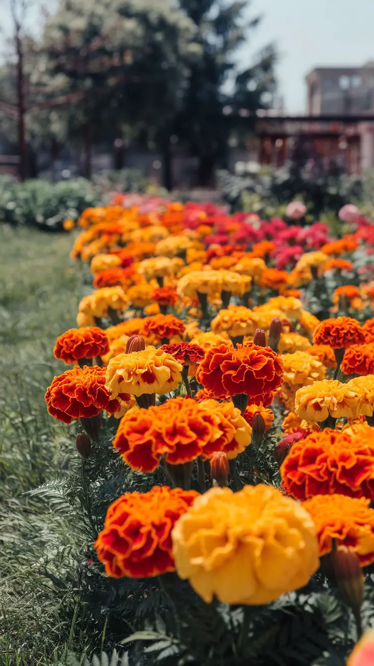 15 Effective Plants That Naturally Repel Mosquitoes 4 A colorful display of marigold flowers with bright orange and yellow petals in a garden setting.